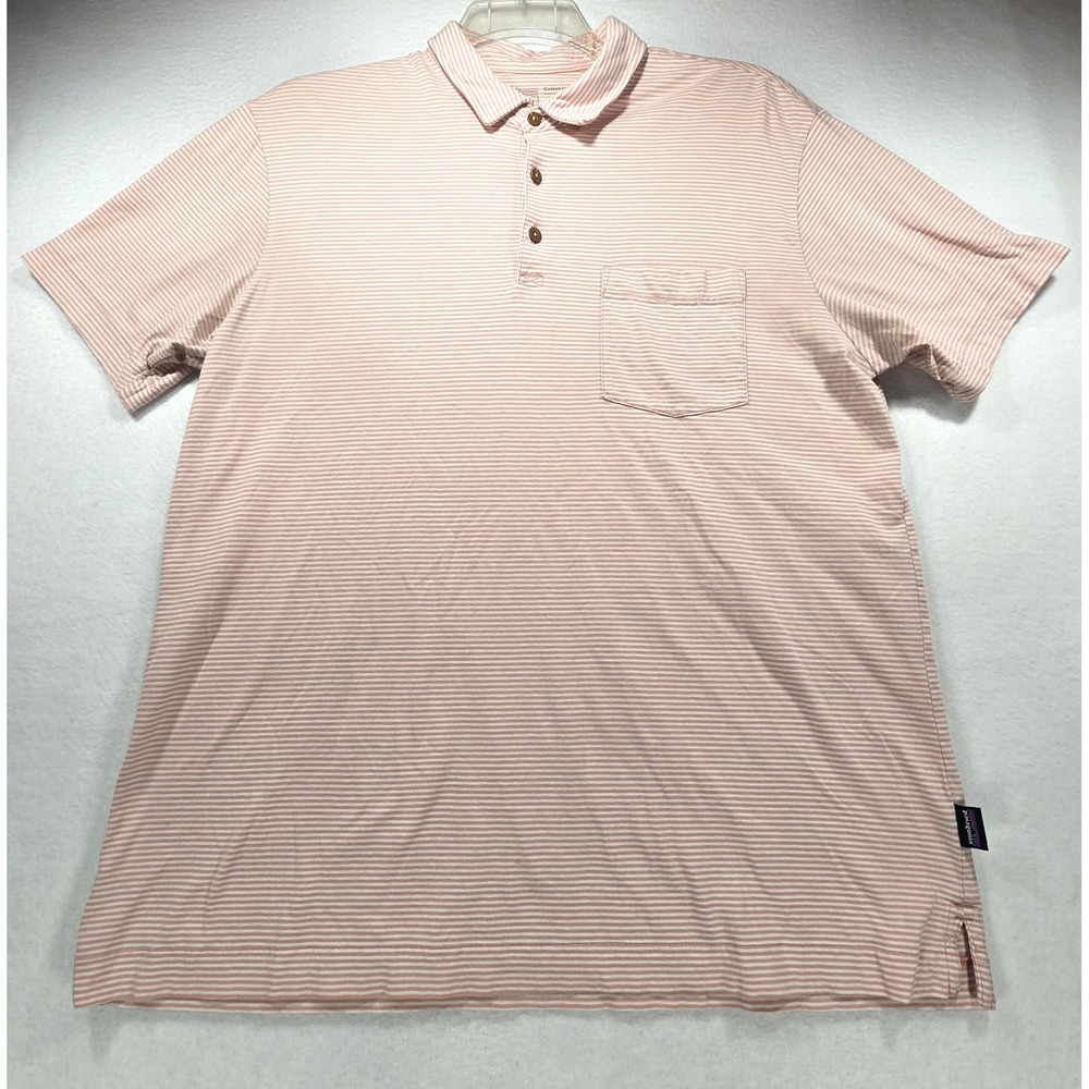 Patagonia Mens Pink‎ White Striped Cotton in Conversion Polo Shirt Large Regular